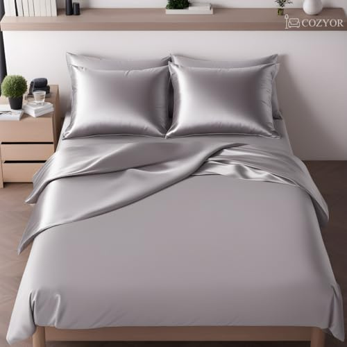 Cozyor Wende-Bettwäsche 200x200 cm glänzend matt, Satin & Mikrofaser, extra dick und weich mit robustem Reißverschluss, 1x Deckenbezug + 2X Kissenbezug 40x80 cm, 3-teilig, hellgrau Moonlight