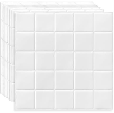 DEWOO Cuadrados Vinilo Azulejos Baldosas Adhesivo Blanco Pared Papel Pintado Autoadhesivos Ladrillo para Cuadros Cocina y Baño Stick Tiles,10-Piezas (30.5 x 30.5cm)