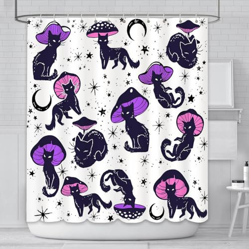 AIBIIN Katzen-Duschvorhang, lustig, schwarze Katze, Pilz, Badvorhänge für Zuhause, Badezimmer, waschbar, dekoratives Zubehör mit 12 Haken, 180 x 180 cm