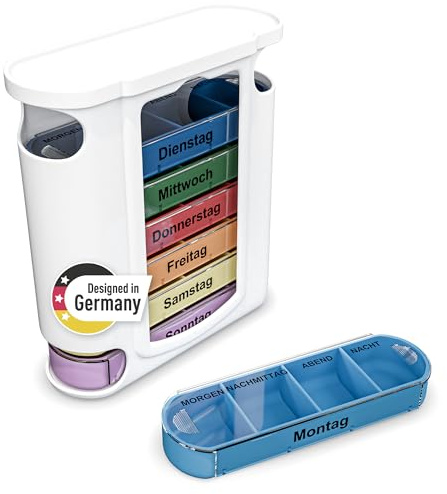 Weinberger „PillVoyage“ Tablettenbox 7 Tage | Medikamentenboxen mit 4 Fächern pro Tag | Pillendose als kompakter Organizer | Pillenbox für morgens, mittags, abends, nachts (Pillenbox 7 Tage – Bunt)