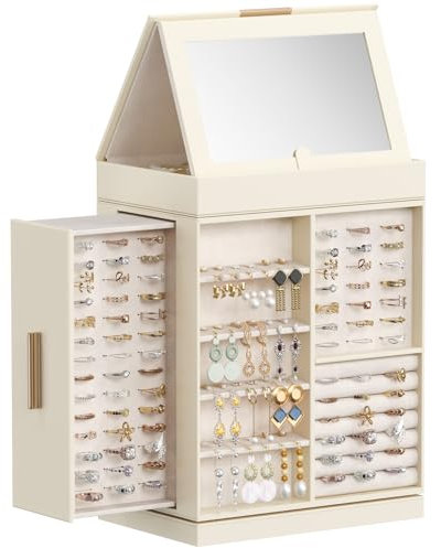 Lifewit Schmuckaufbewahrung 360° Drehbar, Schmuckschatulle Schmuckkasten Damen, Verstellbarer Spiegel mit Magnetisches Design, für Ring Halskette Ohrring, Beige