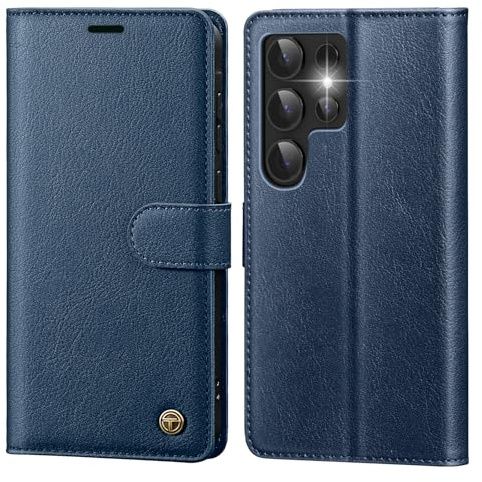 CASBST Handyhülle für Samsung Galaxy S24 Ultra Hülle mit Panzerglas Leder Schutzhülle Klappbar mit Kartenfach Ständer Magnet Handytasche mit RFID Flip Case Klapphülle für Samsung S24 Ultra Blau
