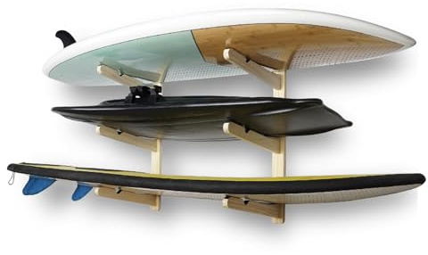 LINGVUM Surfboard Wall Mount Surfboard Rack for Wall Surfboard Storage Racks for Longboards Shortboards Wakeboard Kiteboard and Snowboards, 3 Boards Display Works Indoor and Outdoor