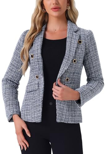 Allegra K Women's Tweed Jacket Plaid Blazer Long Sleeve Elegant Work Open Front Tweed Blazer Jackets, Blue Black, XL