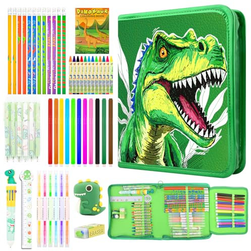 HULASO Filzstifte Kinder Malset, Ostergeschenke Kids Art Set,Kinder Kunst und Färbung Set, Dino Federmäppchen mit Federmappe und Bleistift Duftende Marker, zum Ausmalen von Gemälden, Geschenke Junge