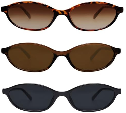 GUVIVI Ovale Retro-Sonnenbrille für Damen, schickes Katzenauge, 90er-Jahre-Sonnenbrille, leicht, schmale Schattierungen, trendige UV-Schutz-Sonnenbrille, 3er-Pack, Schwarz + Braun + Schildkröte, Small
