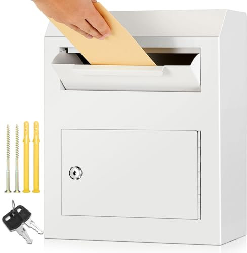 Yaocom Key Lock Mailboxes for Outside Locking Wall Mount Mailbox Security Key Drop Collection Boxes for Home Business Rent Payments, Mail, Keys, Cash, Checks 15 x 12 x 4 Inches(White)