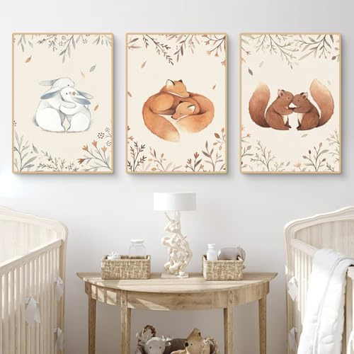 Ueiwffzo Bilder Kinderzimmer 3er Set - Niedliche Tierserien Babyzimmer Poster, Premium Leinwand Bilder Wand Deko - Kinderzimmer Deko & Babyzimmer Deko, Ohne Rahmen (A,21 x 30 cm)