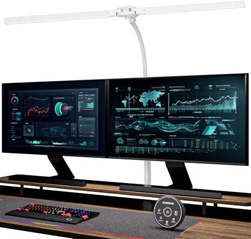 EYOCEAN Lampe de bureau à double tête à pince - 24 W - 80 cm - Lampe lumière du jour de bureau avec télécommande - Lampe de moniteur à intensité variable - Col de cygne - Protection des yeux - Blanc
