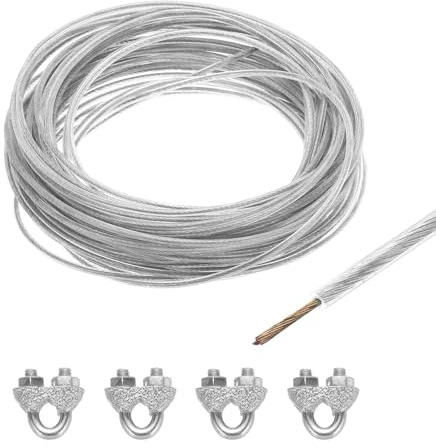 QUARKZMAN 15 Meter x 2,5mm Drahtseil Verzinkte, Stahlseil Spanndraht Ummantelt mit 4 x M3 Drahtseilklemme, Stahlkern Gardinenseil Wäscheleine Forstseil für Kletterpflanzen Vorhang, Klar