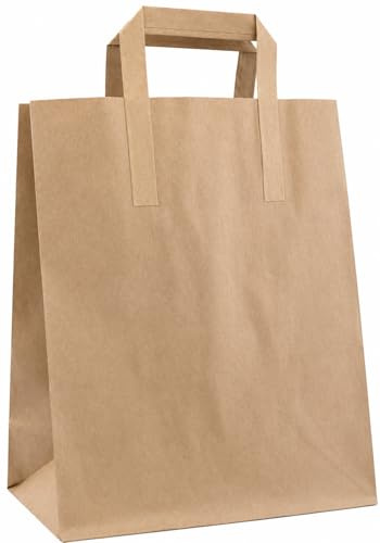 RFE Kraft SOS Brown Paper Carrier Bags with Handles -*CHOOSE YOUR SIZE AND QUANTIY*- For Lunch, Takeaway, Grocery and Party use - Heavy-Duty Paper Carrier Bags (20, Large - 10x5.5x12)