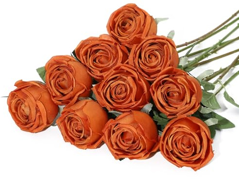 LEUCHTAMOR 10pcs Artificial Roses Burnt Orange Realistic Fake Roses with 50cm Stems Faux Silk Rose Flowers for Wedding Bouquets Bridal Shower Centerpieces Floral Arrangements, Party Home Decor