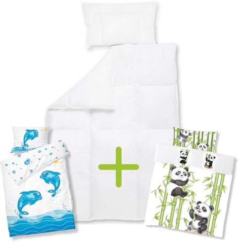 Koru Kids®️ Bettdecken-Set Delfin und Panda - Set mit 2 Kinder-Bettbezügen aus 100% Baumwolle - Daunendecke 100x135 cm und Kopfkissen 40x60 cm - waschbar bis 60°