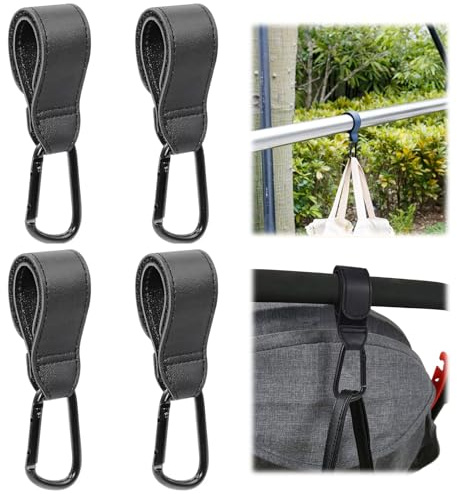 4 Stück Kinderwagen Haken,Haken Kinderwagen,Kinderwagenhaken,Karabiner Kinderwagen,Kinderwagen Haken Für Taschen,Kinderwagen Taschenhalter Aus Leder,Kinderwagenhaken Für Wickeltaschen(Schwarz)