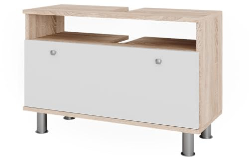 Vicco Mobiletto per lavabo Fynn, Sonoma/Bianco, 80.2 x 54 cm con cassetto, adatto per il montaggio sotto il lavandino