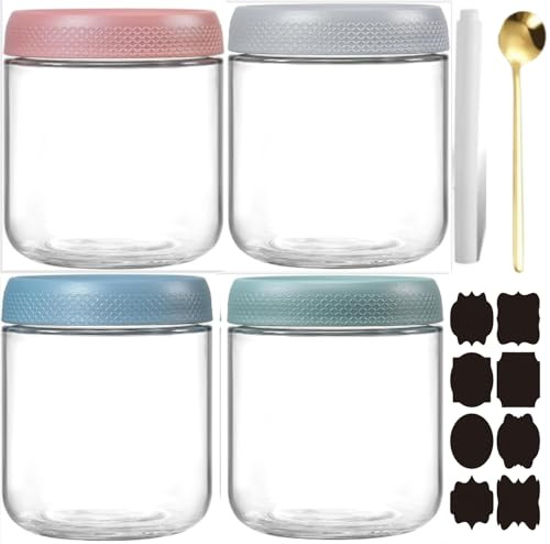 CNKHDZ 4 Pack burkar över natten havre,Fyra färger 500 ml övernattningsglasburkar Overnight Oats-Glas små glas havregrynsgröt förberedelse sallad mat flingor snack behållare pudding yoghurt lagring