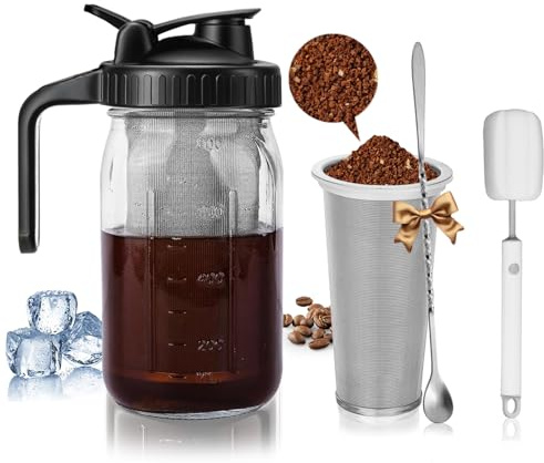 Cafultgo Cafetera fría de 800 ml con filtro de acero inoxidable, cafetera helada resistente de 1 cuarto de galón, tapa de mango de boquilla, cepillo de limpieza y cuchara, para café helado, bebidas de