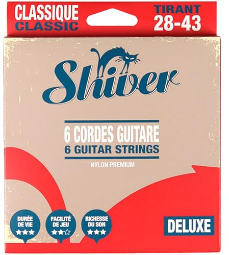Shiver 6 Cordes classiques Deluxe 28-43, un jeu de cordes en nylon conçu pour offrir une réponse sonore équilibrée et un confort de jeu optimal sur guitare classique.