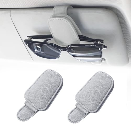 Galenecx 2 Stück Brillenhalter für Auto, Universal Leder Brillenhalter für Auto Sonnenblende, Magnetische Sonnenblende-Brillenhalter für Gläser, Karten, Ticket (Grau)