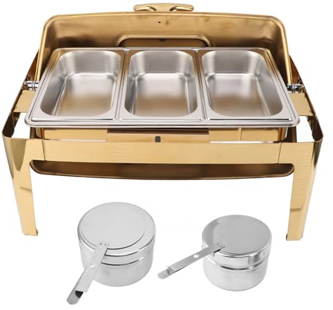 CQIKRWGWS Catering Insulation Tray9L Rectangular Roll Top Chafing Dish Buffet Set Catering Food Warmer For Parties Wedding Birthday Christmas,Gold Plating,Gold Plating