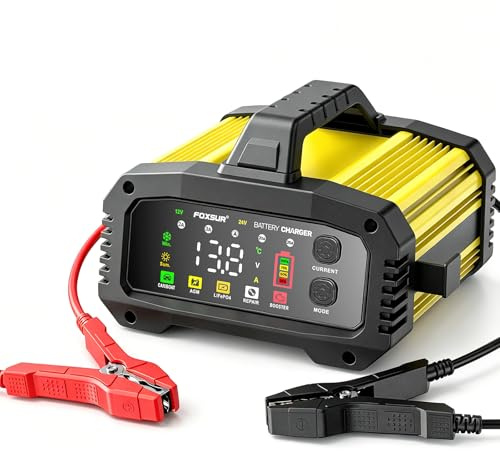 25A/15A Autobatterie Ladegerät,12V/24V Smart vollautomatische Batterie Ladegerät, Ladegerät Auto mit 8-Stufiger Ladung und LCD-Bildschirm für Auto Motorrad Rasenmäher Boot Marine Batterien (Gelb)