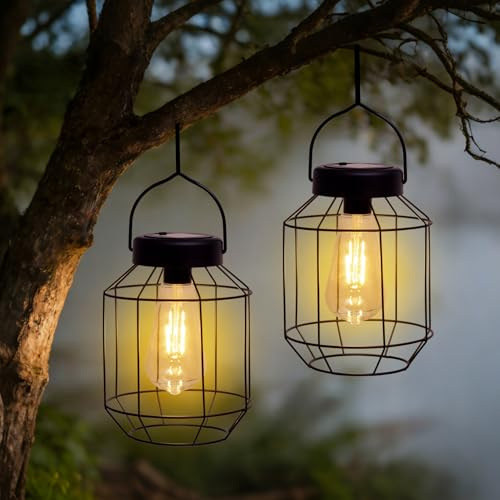 Hanging Solar Lights Outdoor Garden, 2 Pack Metal Garden Lights Solar Powered Waterproof, Hanging Solar Lanterns for Yard Patio Pathway Decoration