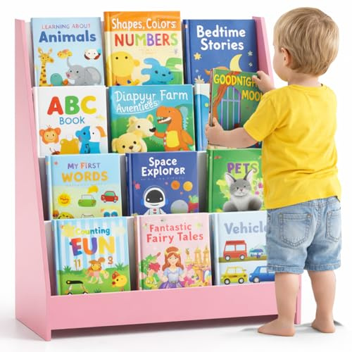 BAKAJI Libreria Montessoriana per Bambini in Legno, Portariviste Multiripiano Salvaspazio per Cameretta, Scaffalatura Organizer Espositore Porta Libri, Riviste, Giochi (Rosa)