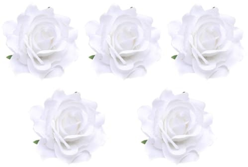 MAGICLULU Broche Fleur Blanche en Tissu 10cm Lot de 5 Pièces Rose Réaliste Élégante pour Mariage et Banquet Accessoire Décoratif pour Mariée et Demoiselle D'honneur
