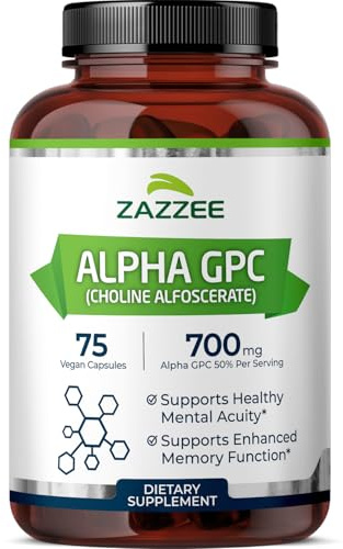 Zazzee Extra Strength Alpha GPC Choline, 700 mg per Serving, 75 Vegan Capsules, 100% Pure Pharmaceutical Grade, 100% Vegetarian, Standardized for Potency and Purity, All-Natural and Non-GMO