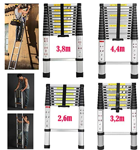 3,2 m Alu Arbeitsstufenleiter Dekorateure DIY ausziehbare Teleskop-Dachbodenleiter 10,5 Fuß Mehrzweckleiter 150 kg Last Hochleistungs-Rutschschutz Safe EN131 CE -Trittleiter für Loft Home Outside