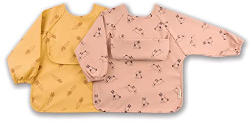 ÜneeQbaby Ökotex Wasserdichte Langärmelige Lätzchen für Babys und Kleinkinder, 2er-Pack (Hase und Karotte, Klein)