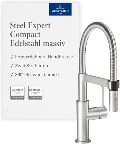 Villeroy & Boch Steel Expert Compact Küchenarmatur, Hochdruck, Wasserhahn Küche mit Umschaltfunktion und schwenkbarem Auslauf, Spültischarmatur wassersparend, Auslauf Höhe 143mm, Edelstahl massiv