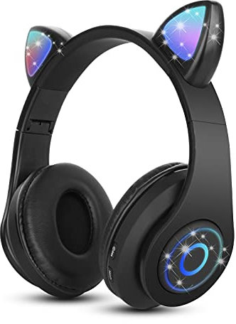 Sendowtek Casque sans Fil pour Enfant avec Microphone Intégré Fonction d'Appel Pliable Écouteurs Casque Bluetooth à Oreilles de Chat LED pour Fille Garçon Adulte Voyage Vacances (Noir)
