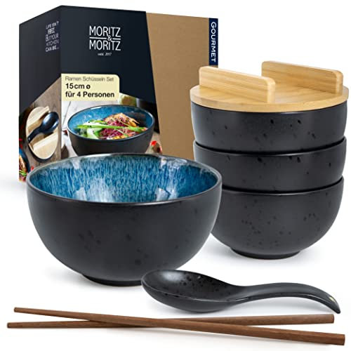 Moritz & Moritz Juego de 4 cuencos de Cerámica Ramen azul reactivo con tapa y cuchara, color negro, para 4 personas, para sopa, pho y sushi Bowl