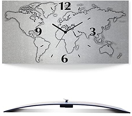ARTLAND Wanddeko Wanduhr ohne Tickgeräusche Alu Quarzuhr Silber metallic lautlos 60x30 cm Rechteckig Weltkarte Modern Karte Abstrakt Grau U1UN