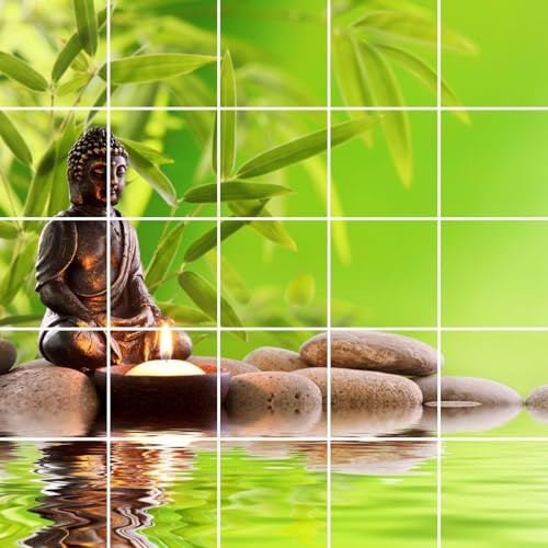 FoLIESEN Fliesenaufkleber - Deko-Bild für Bad, Küche, Badezimmer - Dekoration Fliesen-Bild selbstklebend - Buddha Zen Garten, Fliese - Bild (BxH):15x15 cm - 75x75 cm / 25-tlg.