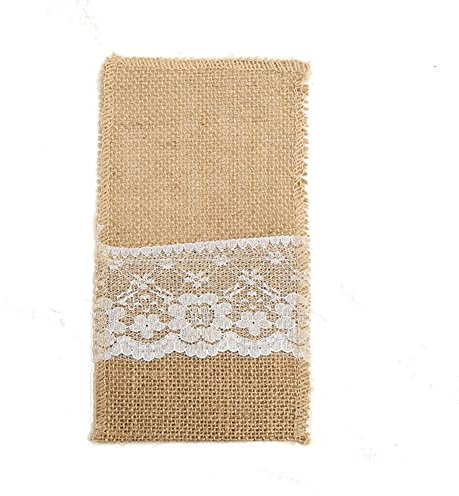 Egurs Jute Bestecktasche mit Weiß Spitze 14x20cm Vintage Sackleinen Tischdeko Besteckbeutel Hochzeitsdeko Besteckhalter für Messer und Gabeln, Weihnachten Hochzeit Geburtstag Party 5 Stück