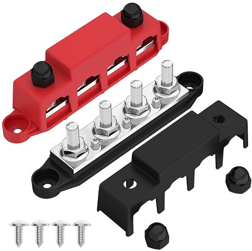 Joinfworld 250A 12V Bus Bar 3/8 Power Distribution Block 4 Studs Junction Block Automotive Marine Battery Busbar Terminal Block with Cover 12 Volt Negative&Positive