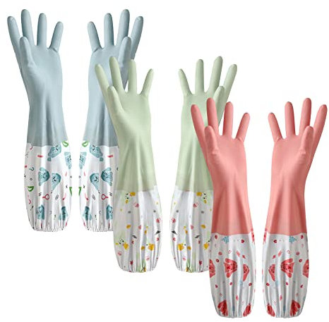 XIACIBDUS Rubber Cleaning Gloves, Long Cuff Cotton Lined Household Dishwashing Gloves for Kitchen, Laundry, Gardening (Medium)