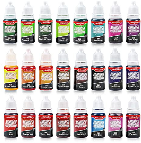 E-Kongton Airbrush Lebensmittelfarbe FlüSsig 24 Lebendige Farben 0.35oz | FlüSsig FüR Airbrush, Backen, Kuchen Dekorieren, GebäCk, Macarons, Geruchlos Lebendige Airbrush Lebensmittelfarbe