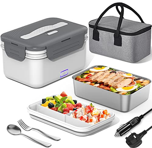 Herrfilk 100W Electric Lunch Box for Adults - 1.8L Insulated Heated Food Container with Dual Power (230V Home/Office & 12V/24V Car), Fruit Compartments, Thermal Bag & Utensils | Keep Meals Hot, White
