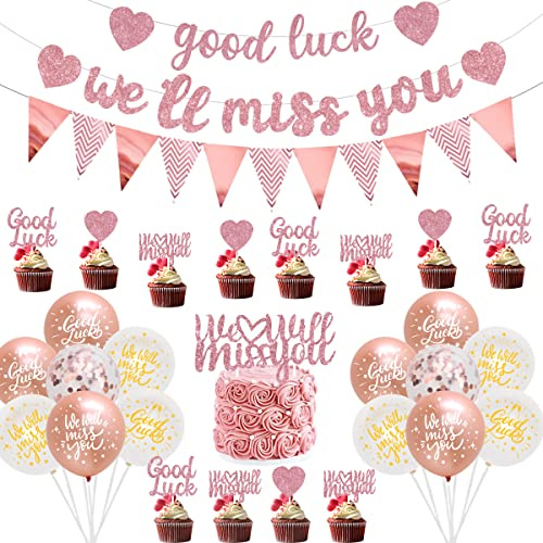 We Will Miss You Banner Decorations Rose Gold Good Luck Banner Party Decorations Triangle Flag Banner Bunting Cake Topper for Job Change Retirement Graduation Leaving Party Farewell Decorations
