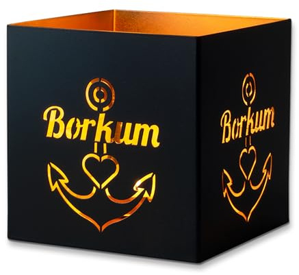 3forCologne Windlicht Laterne Motiv Borkum | Metall Teelichthalter außen schwarz innen gold | Schöner Deko-Kerzenhalter für Stumpenkerzen und Teelichter für innen oder als Terrassenlicht geeignet.