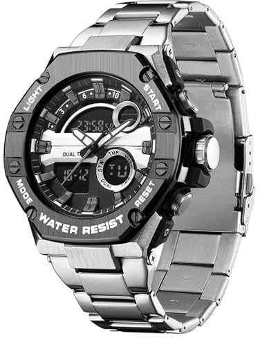 findtime Herren-Sportuhr, Militär-Uhren für Herren, digitale Uhr, wasserdichte Uhren für Herren, Edelstahl-Uhrenarmband, robuste Uhr mit LED-Hintergrundbeleuchtung, Alarm, Stoppuhr, Edelstahl, Schwarz