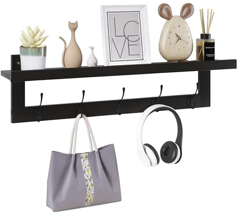 SMIBUY Patères avec étagère murale, 74 cm, étagère à suspendre en bambou avec 5 crochets doubles en métal pour salle de bain, chambre à coucher, cuisine, salon, vestiaire (noir)