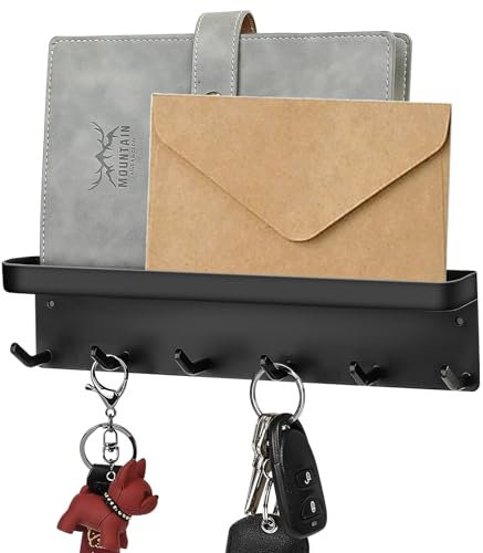 Black Key Holder for Wall, Key Holder with Tray, Key Hooks Wall Mounted, Key Racks for Wall with 6 Hooks, Self Adhesive Key Rack with Shelf, Key Hangers, Mail Holder Storage for Hallway Entryway
