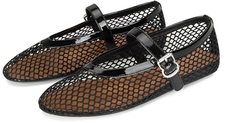 MAIJED Mesh Ballet Flats for Women Ballerina Mesh Shoes Mary Jane Flats Sandals Fishnet Buckle Strap Round Toe Comfortable Casual Office Summer Dress