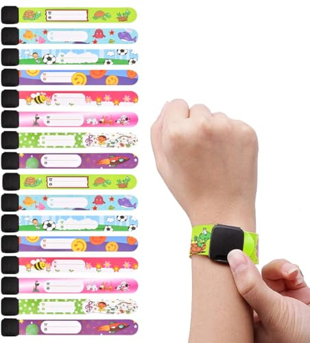16 pulseras identificativas niños, bolígrafo que no se decolora, pulsera de identificación para niños, reutilizable e impermeable, adecuada para viajes