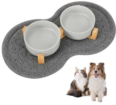 Vexillic Ciotole per Cani Ceramica, 400ML 2 Pacchi Ciotola Rialzata per Cani, Ciotole Cane con Supporto in Bambù e Tappetino Antiscivolo Adatto a Cani di Media e Piccola (Grigio)