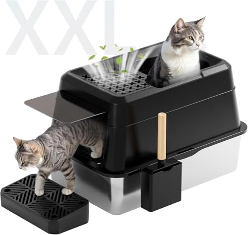FRETONBA Lettiera Gatto Grande in Acciaio Inox, 26L Grande Capacité Toilette per Gatti, Lettiera Gatto Bordi Alti, Chiusa Antiodore, Facile da Pulire, Lettiere con Coperchio, Pedale, Spatola, Nero